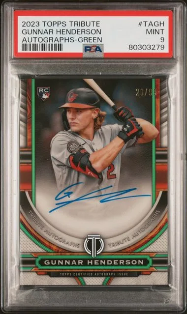 2023 Topps Tribute Gunnar Henderson Tribute Autograph Green #TAGH card image