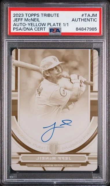 2023 Topps Tribute Jeff Mcneil Tribute Autograph Yellow Printing Plate #TAJM card image