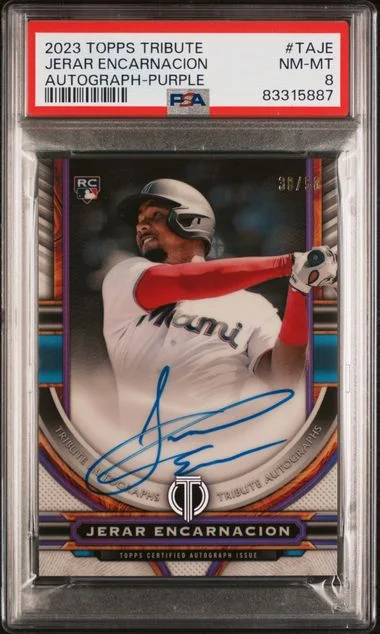 2023 Topps Tribute Jerar Encarnacion Tribute Autograph Purple #TAJE card image