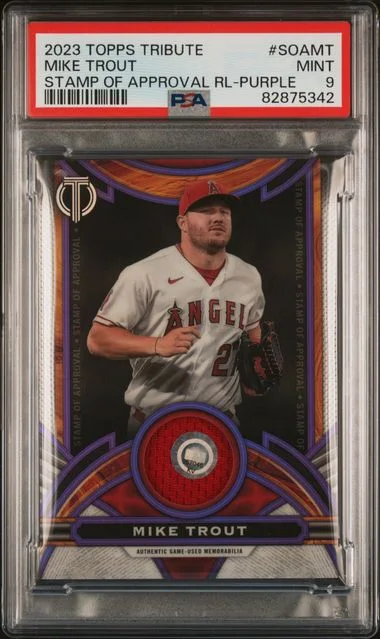 2023 Topps Tribute Mike Trout Stamp Of Approval Relic Purple #SOAMT card image