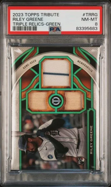 2023 Topps Tribute Riley Greene Game-Used Tribute Triple Relics Green #TR-RG card image
