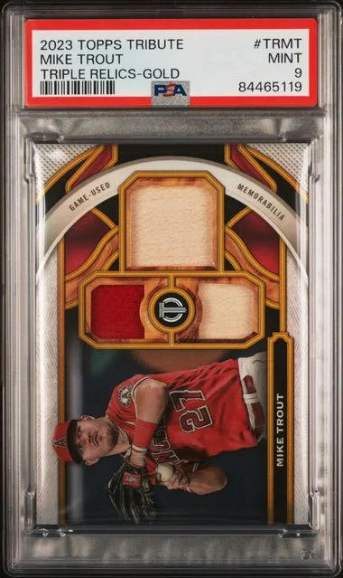 2023 Topps Tribute Tribute Triple Relics Gold Trmt Mike Trout #no-number card image