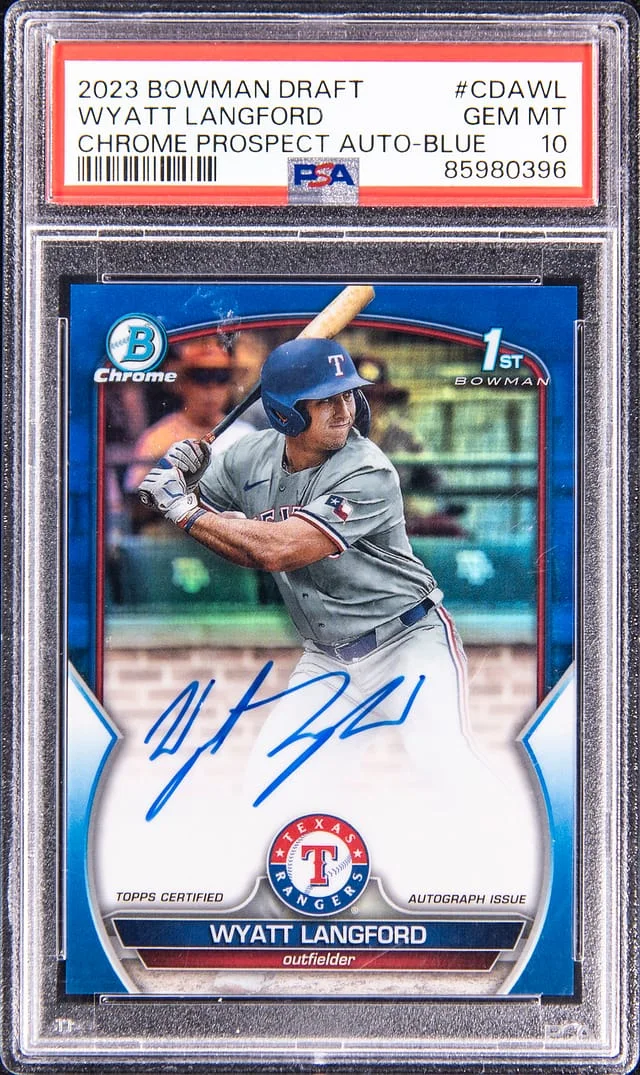 2023 Topps Wyatt Langford Bowman Draft Chrome Prospect Autographs Blue #CDA-WL card image