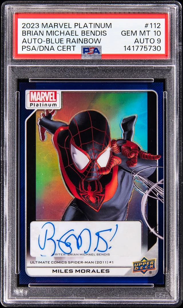 2023 Upper Deck Brian Michael Bendis Marvel Platinum Autograph Blue Rainbow #112 card image