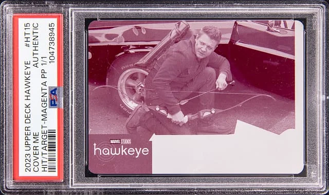 2023 Upper Deck Cover Me Hawkeye Hitting The Target Magenta Printing Plate #HT15 card image