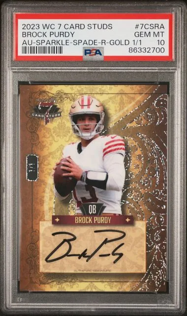 2023 Wild Card 7 Card Studs Autographs Sparkles Foil-Spade-Right-Gold 1/1 Brock Purdy #7CSRA card image