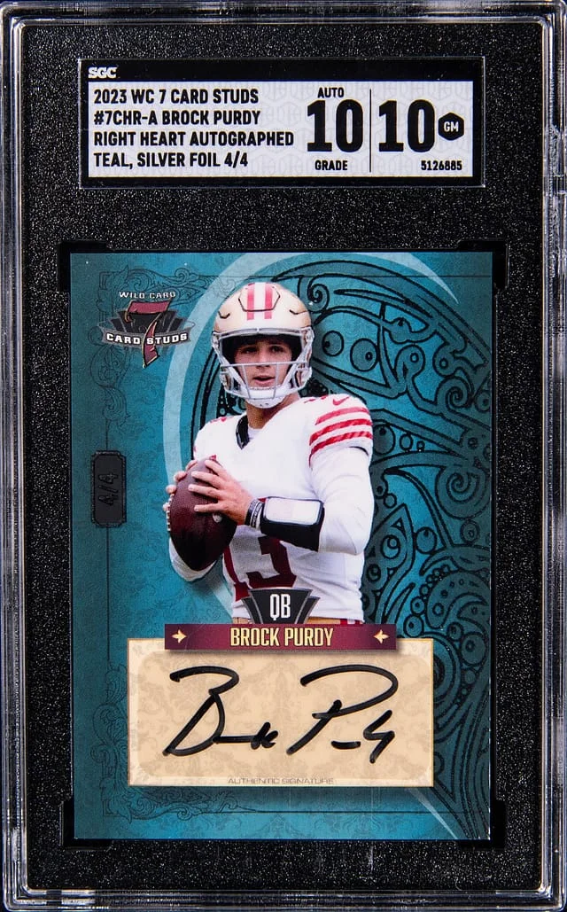 2023 Wild Card 7 Card Studs Right Heart Autographed Teal, Silver Foil 4/4 Brock Purdy #7CHR-A card image