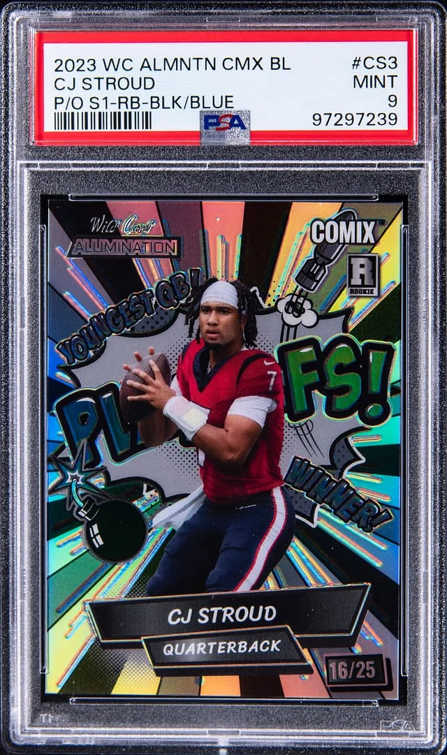2023 Wild Card Alumination Comix Black Label Playoffs! Silver 1 Rainbow Black/Blue CJ Stroud #CS3 card image