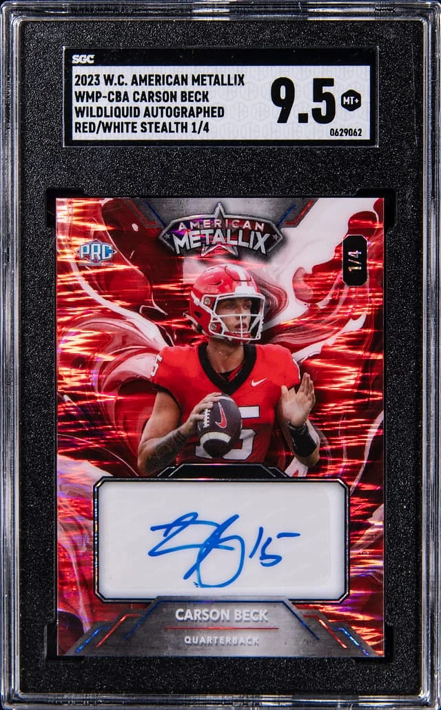 2023 Wild Card American Metallix Wildliquid Autographed Red/White Stealth Carson Beck #WMP-CBA card image