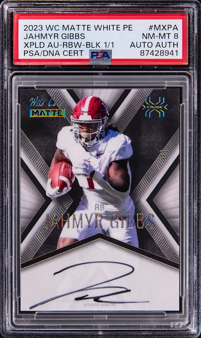 2023 Wild Card Matte White PE X-Plode Autograph Black Jahmyr Gibbs #MXP-A card image
