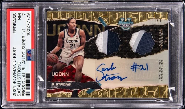 2024-25 Bowman Best Sarah Strong Prospect Dual Relic Autographs SuperFractor #PDRA-SS card image