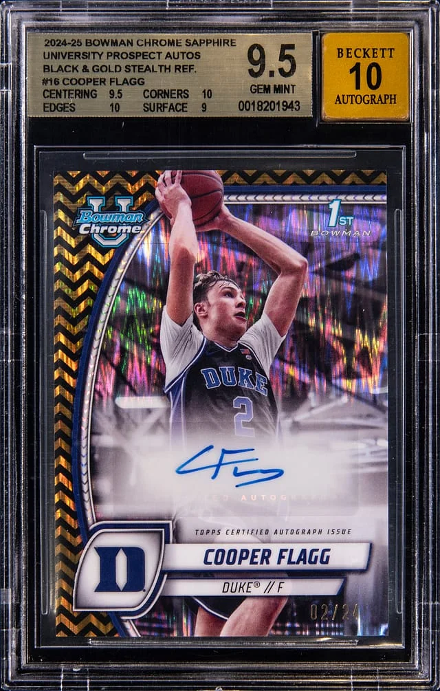 2024-25 Bowman Chrome Sapphire Cooper Flagg University Prospect Autographs Black & Gold Stealth Refractor #16 card image