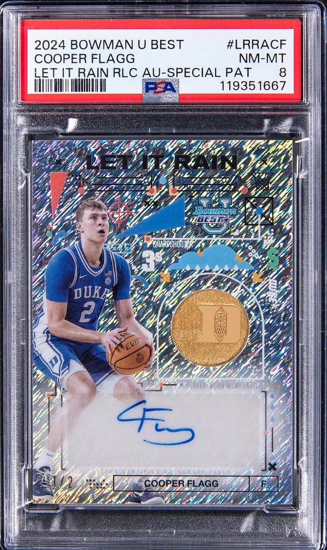 2024-25 Bowman Cooper Flagg University's Best Let it Rain Relic Autograph Special Patch #LRRA-CF card image