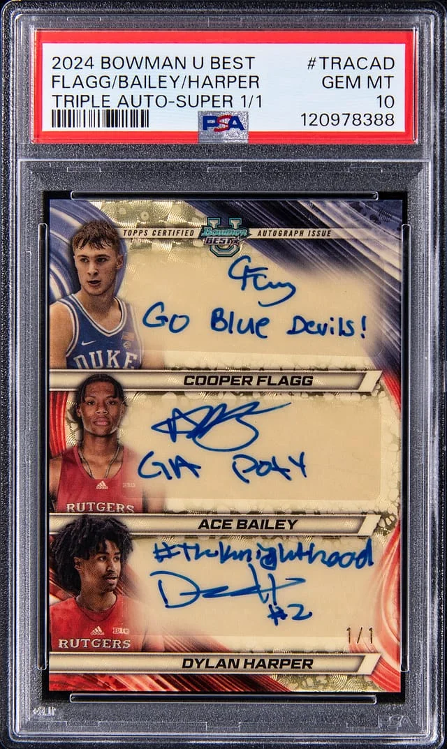 2024-25 Bowman Cooper Flagg/Ace Bailey/Dylan Harper Multi-Signed, Inscribed U Best Triple Autographs SuperFractor #TRA-CAD card image