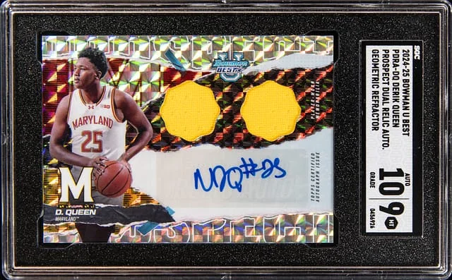 2024-25 Bowman Derik Queen U Best Prospect Dual Relic Autograph Geometric Refractor #PDRA-DQ card image