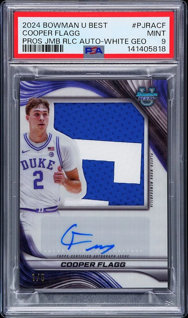 2024-25 Bowman University Best Cooper Flagg Prospect Jumbo Relic Autographs White Geometric #PJRA-CF card image