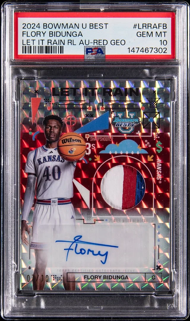 2024-25 Bowman University Best Flory Bidunga Let It Rain Relic Autographs Red Geometric #LRRA-FB card image