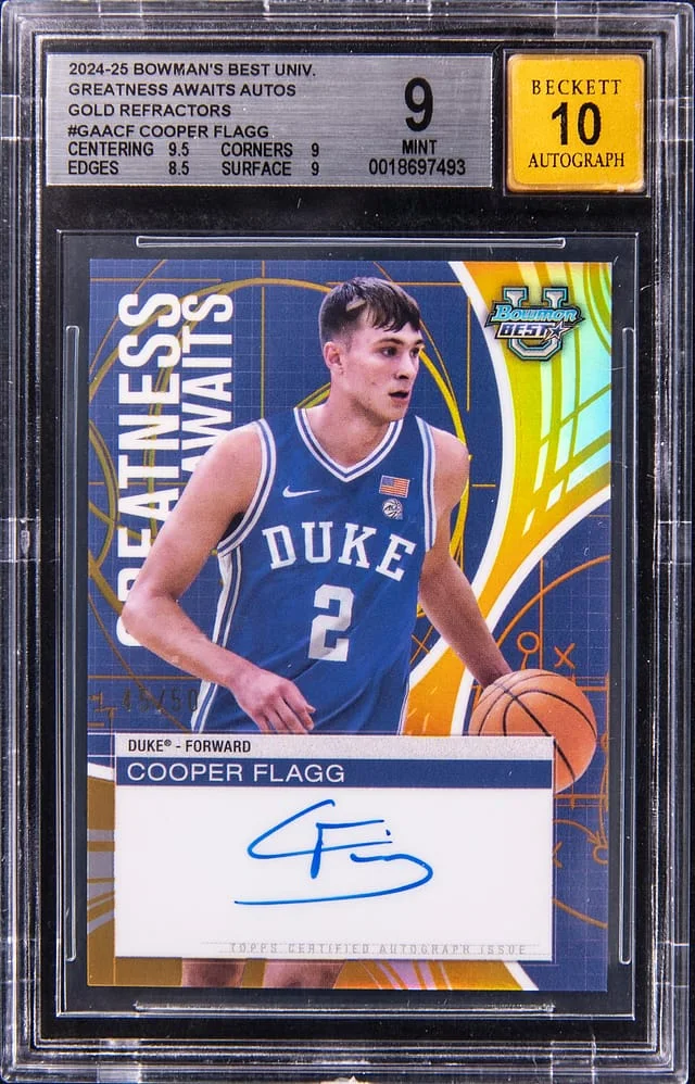 2024-25 Bowman's Best Cooper Flagg University Greatness Awaits Autographs Gold Refractors #GAA-CF card image