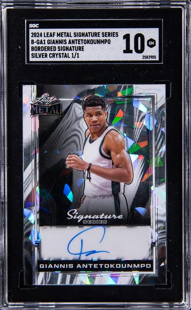 2024-25 Leaf Metal Giannis Antetokounmpo Signature Series Bordered Signature Silver Crystal #B-GA1 card image