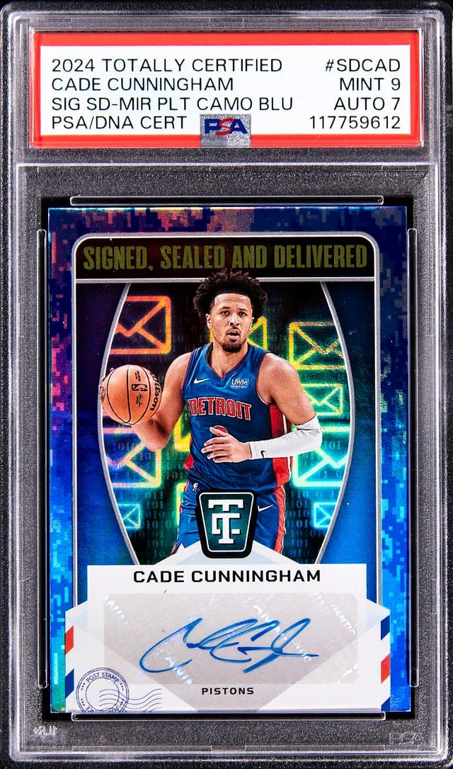 2024-25 Panini Cade Cunningham Totally Certified Signed, Sealed, Delivered Autograph Mirror Platinum Camo Blue #SD-CAD card image