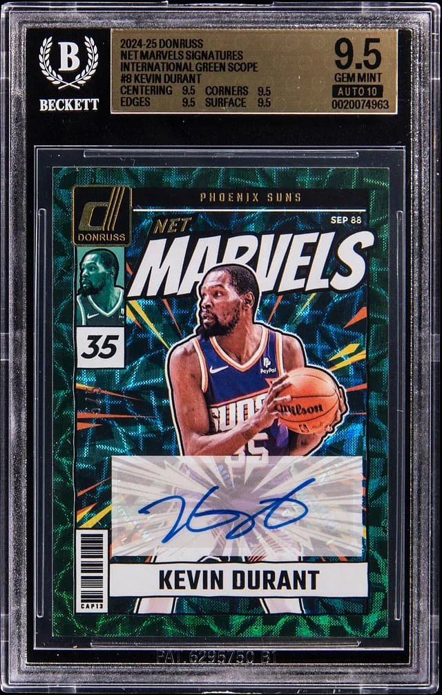 2024-25 Panini Donruss Kevin Durant Net Marvels Signatures International Green Scope #NMS-KDS card image