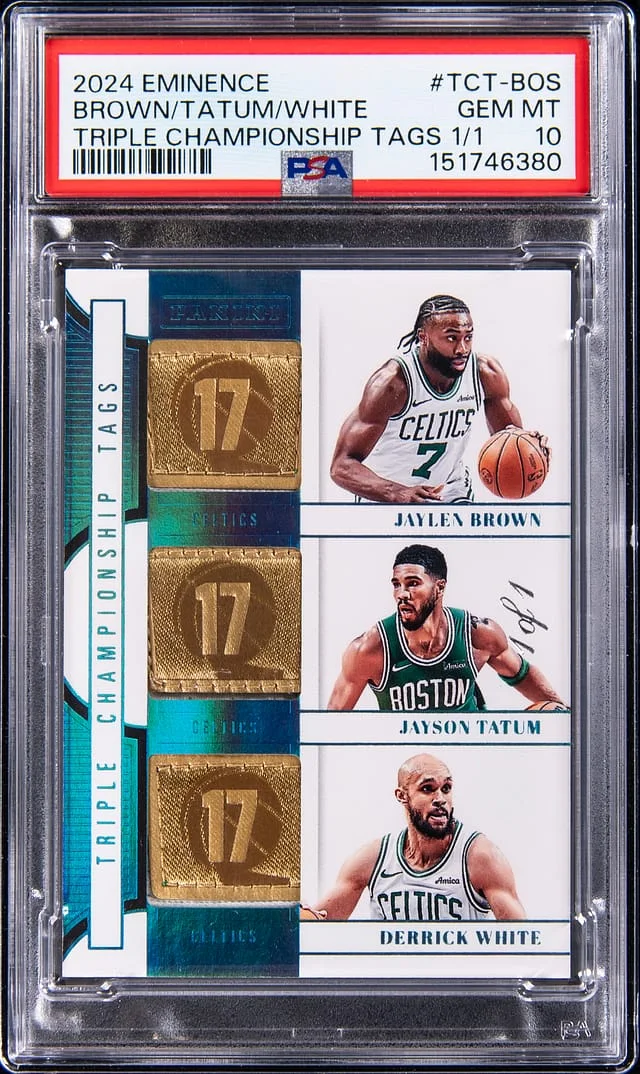 2024-25 Panini Eminence Jaylen Brown/Jayson Tatum/Derrick White Game-Used Triple Championship Tags #TCT-BOS card image
