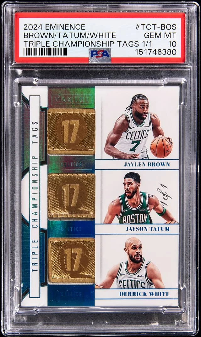 2024-25 Panini Eminence Jayson Tatum/Derrick White/Jaylen Brown Triple Championship Tags #TCT-BOS card image