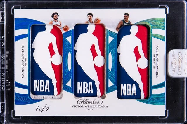 2024-25 Panini Flawless Cade Cunningham/Victor Wembanyama/Anthony Edwards Logoman Triple Logoman #TLO-CVA card image