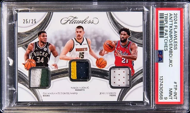 2024-25 Panini Flawless Giannis Antetokounmpo/Nikola Jokic/Joel Embiid Triple Patches #TP-INT card image