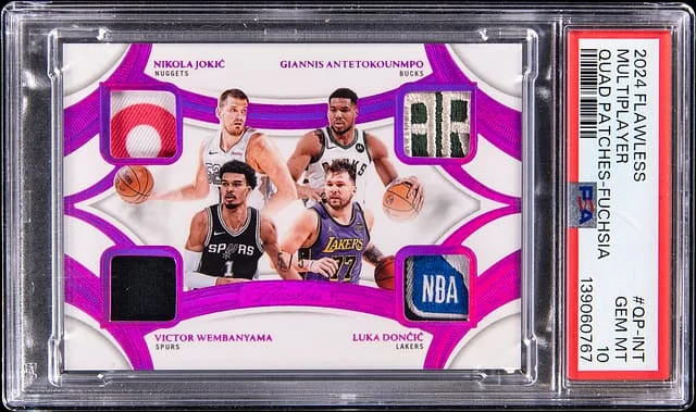 2024-25 Panini Flawless Jokic/Wembanyama/Antetokounmpo/Doncic Quad Patches Fuchsia #QP-INT card image