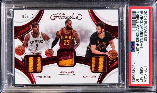 2024-25 Panini Flawless Kyrie Irving/LeBron James/Kevin Love Triple Patches Ruby #TP-CAV card image