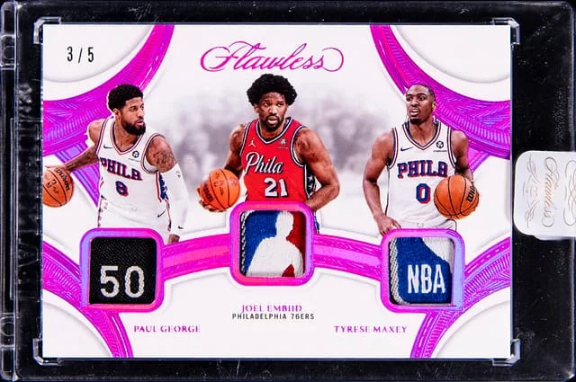 2024-25 Panini Flawless Paul George, Joel Embiid, Tyrese Maxey Triple Patches Fuscia #TP-PHI card image