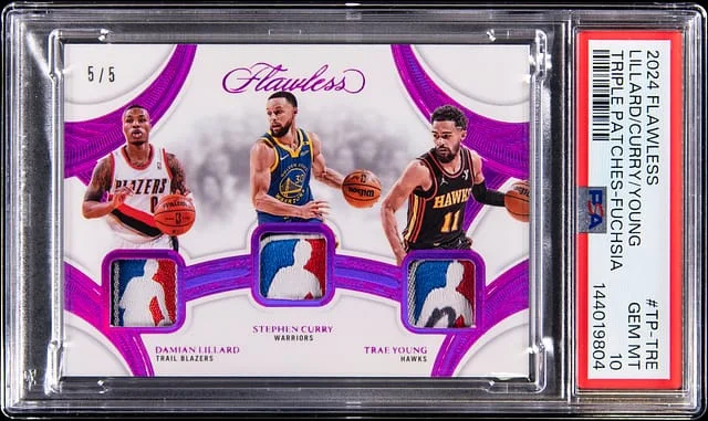 2024-25 Panini Flawless Stephen Curry/Trae Young/Damian Lillard Triple Patches Fuchsia #TP-TRE card image