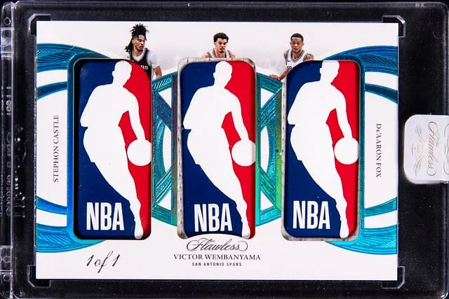 2024-25 Panini Flawless Stephon Castle ()/Victor Wembanyama/De'Aaron Fox Triple Logoman #TLO-SVD card image