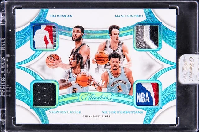 2024-25 Panini Flawless Tim Duncan/Manu Ginobili/Stephon Castle/Victor Wembanyama Quad Patches #QP-SPU card image