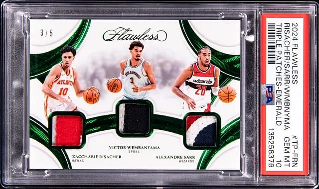 2024-25 Panini Flawless Zaccharie Risacher/Victor Wembanyama/Alexandre Sarr Triple Patches Emerald #TP-FRN card image