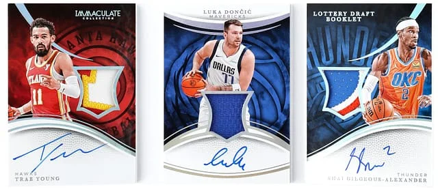 2024-25 Panini Immaculate Collection Luka Doncic/Shai Gilgeous-Alexander/Trae Young Multi-Signed Lottery Draft Booklet #LDB-2018 card image