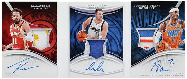 2024-25 Panini Immaculate Trae Young/Luka Doncic/Shai Gilgeous-Alexander Multi-Signed Patch Booklet Lottery Draft Booklet #LDB-2018 card image