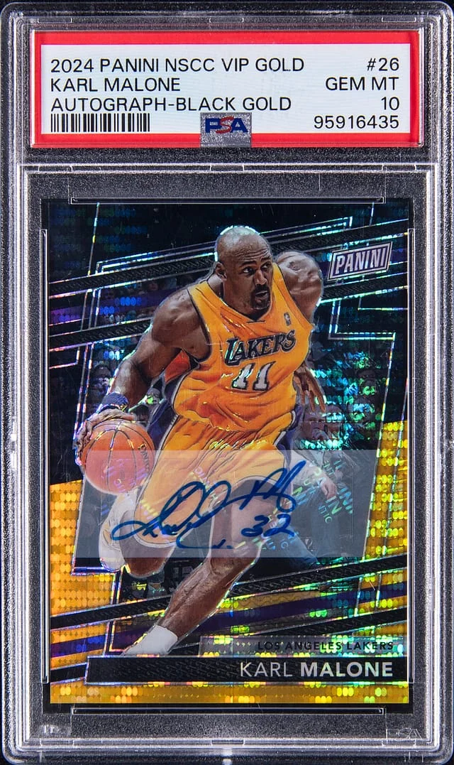 2024-25 Panini Karl Malone Sports Collectors Convention VIP Gold Autograph Black Gold #26 card image