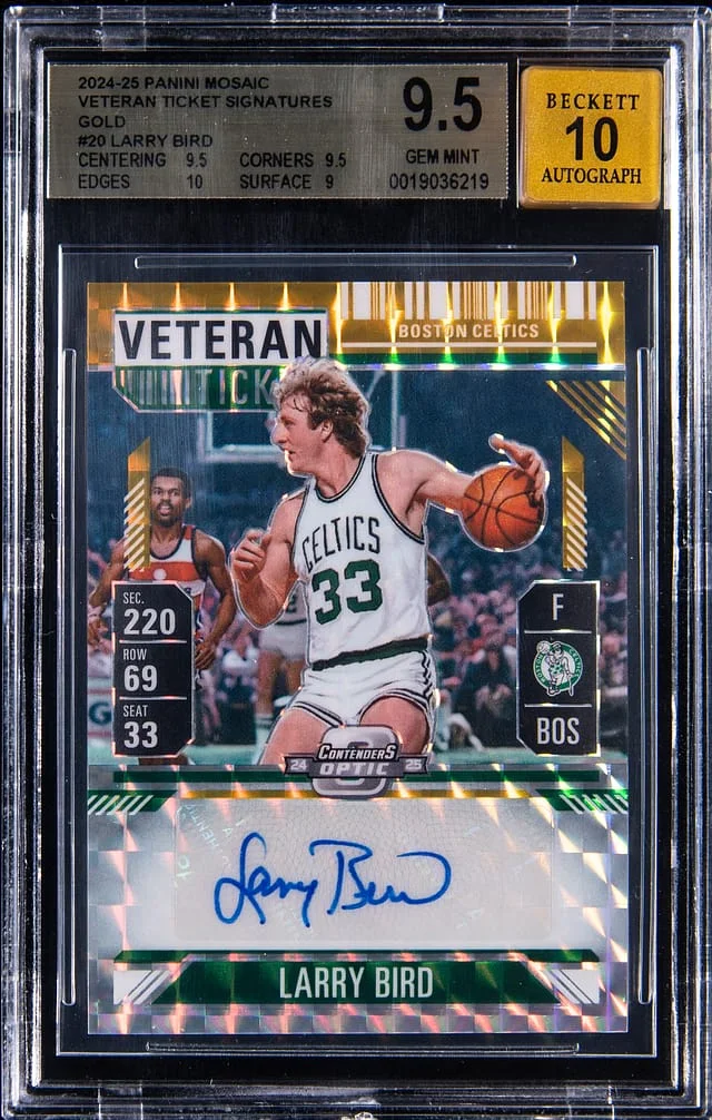 2024-25 Panini Mosaic Larry Bird Veteran Ticket Signatures Gold #VT-BIR card image