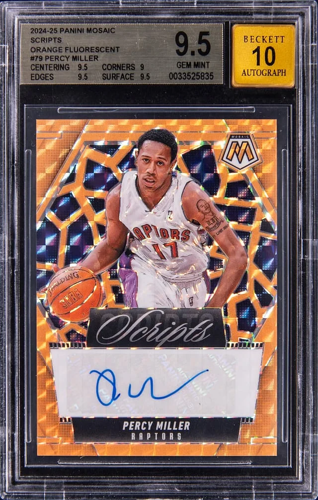 2024-25 Panini Mosaic Percy Miller Scripts Orange Fluorescent Prizm #MS-PMT card image