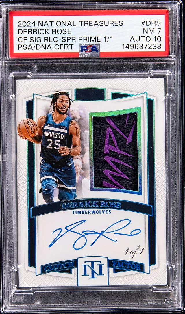 2024-25 Panini National Treasures Derrick Rose Clutch Factor Signature Relics Super Prime #CFS-DRS card image