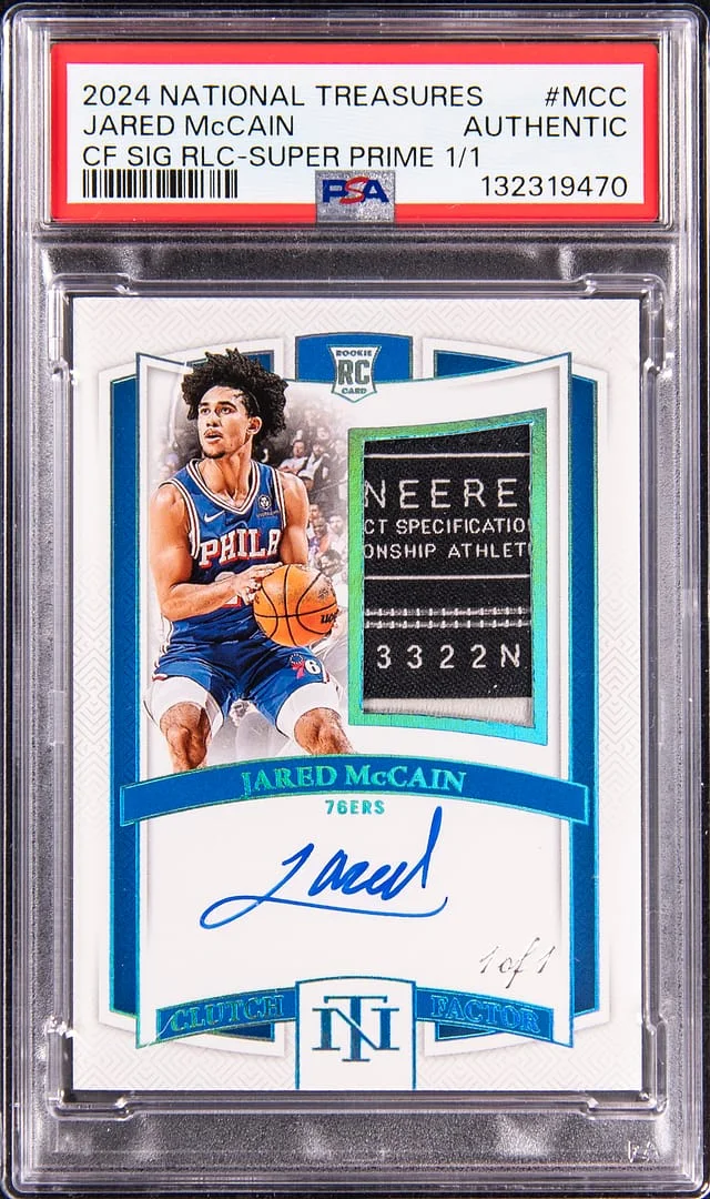 2024-25 Panini National Treasures Jared McCain Clutch Factor Signature Relic Super Prime #CFS-MCC card image