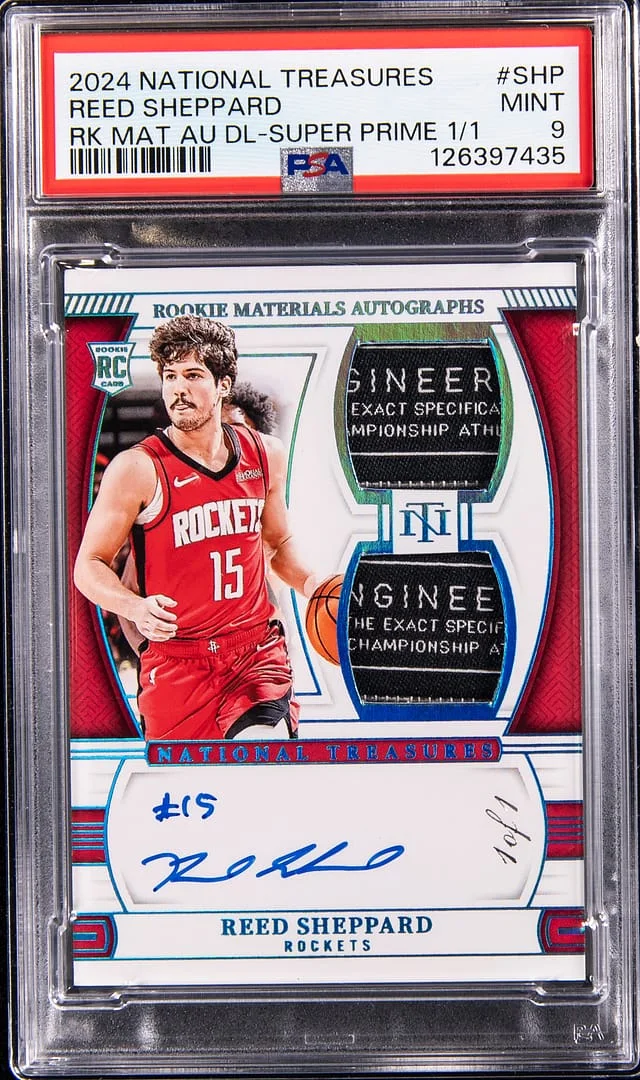 2024-25 Panini National Treasures Reed Sheppard Materials Autographs Dual Super Prime #RMD-SHP card image