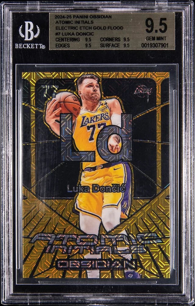 2024-25 Panini Obsidian Luka Doncic Atomic Initials Electric Etch Gold Flood #7 card image