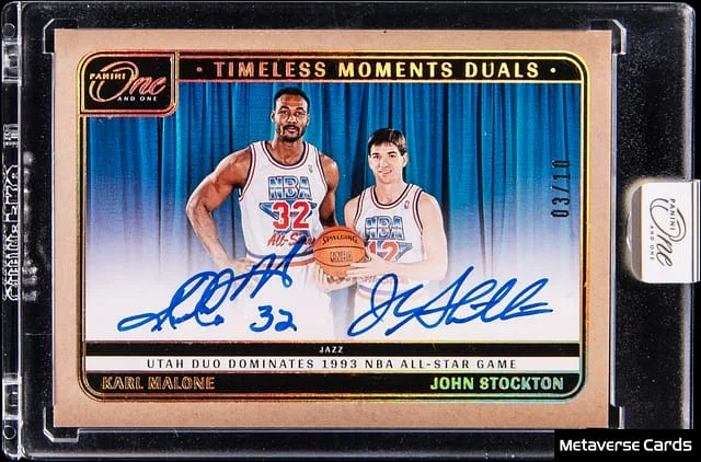 2024-25 Panini One and One Karl Malone/John Stockton Timeless Moments Duals Gold #TMD-UTA card image