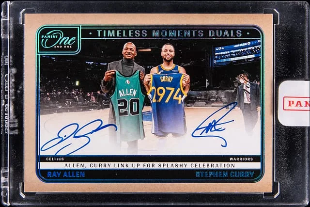 2024-25 Panini One and One Ray Allen/Stephen Curry Timeless Moments Duals Platinum #TMD-REC card image