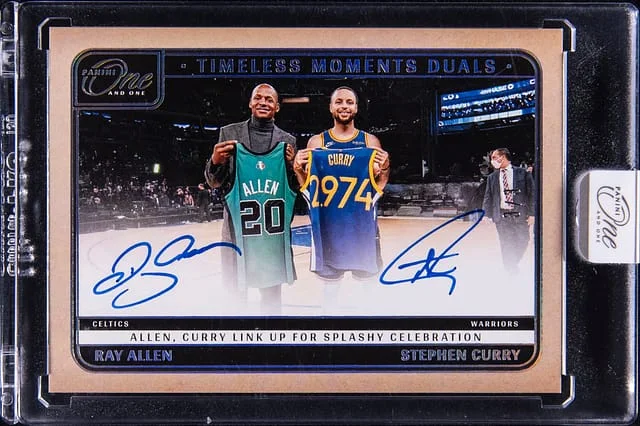 2024-25 Panini One and One Stephen Curry/Ray Allen Timeless Moments Dual Autographs 1st Off the Line (FOTL) #TMD-REC card image