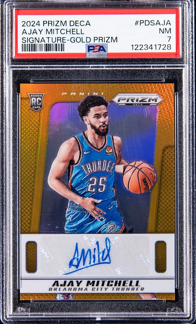 2024-25 Panini Prizm Ajay Mitchell Deca Signature Gold Prizm #PDSAJA card image