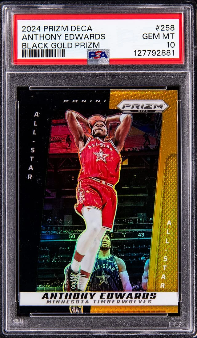 2024-25 Panini Prizm Anthony Edwards Deca Black Gold Prizm #258 card image